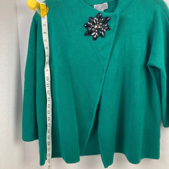 JM Collection Cardigan Women M Kelly Green Cape Style Flor Brooch Applique Retro - Picture 11 of 12